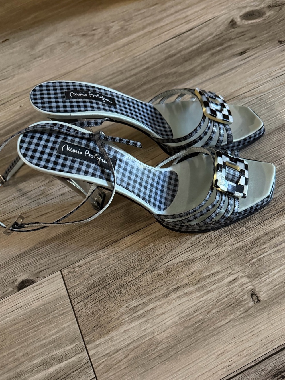 Mario Prologue Gingham Slingback Heeled Sandals in Black & White